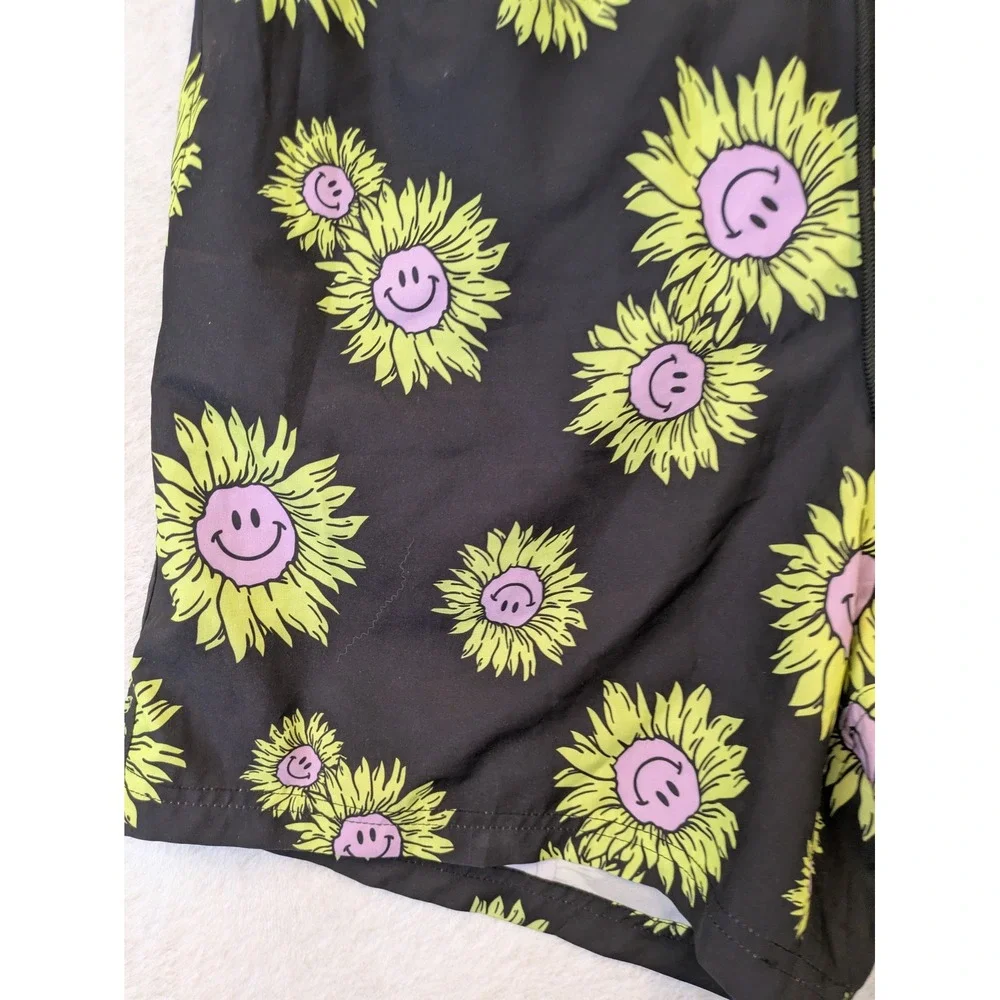 Neff Swim Trunks Men's XL‎ Black Sunflower Smiley Face Board Shorts Drawstring